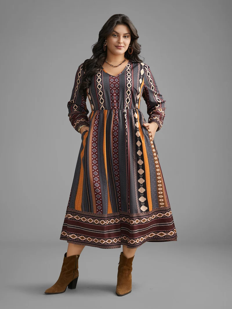 Bandana Striped Lantern Sleeve Midi Dress