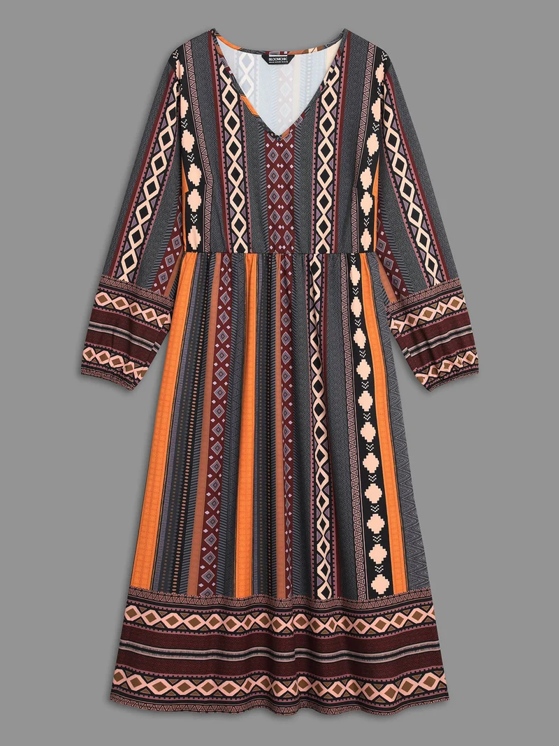 Bandana Striped Lantern Sleeve Midi Dress