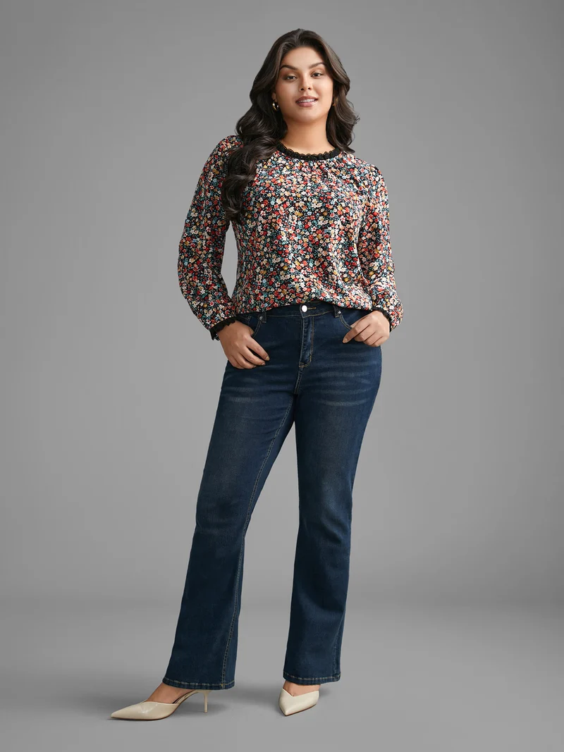 Ditsy Floral Lace Patchwork Slit Hem Blouse