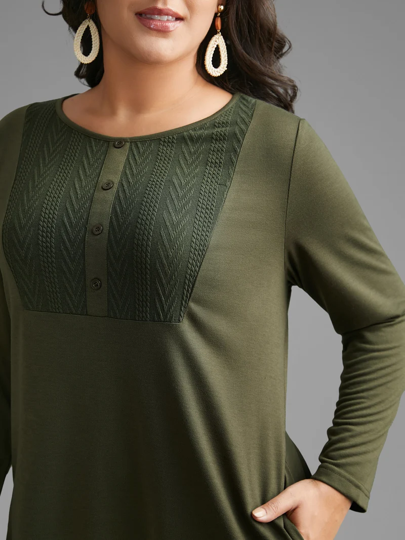 Textured Patchwork Button Detail Midi Dress