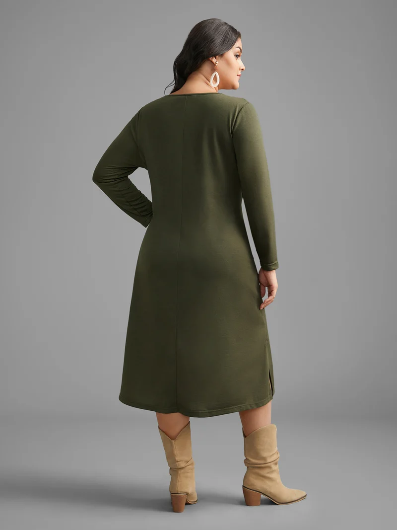 Textured Patchwork Button Detail Midi Dress