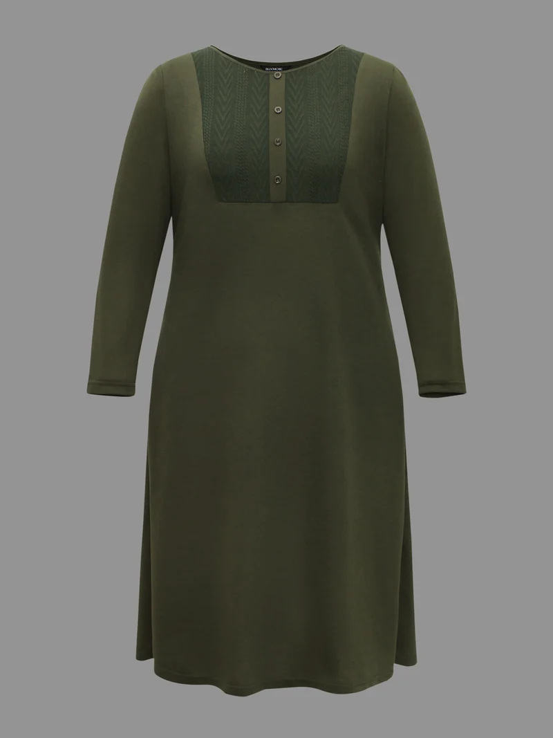Textured Patchwork Button Detail Midi Dress
