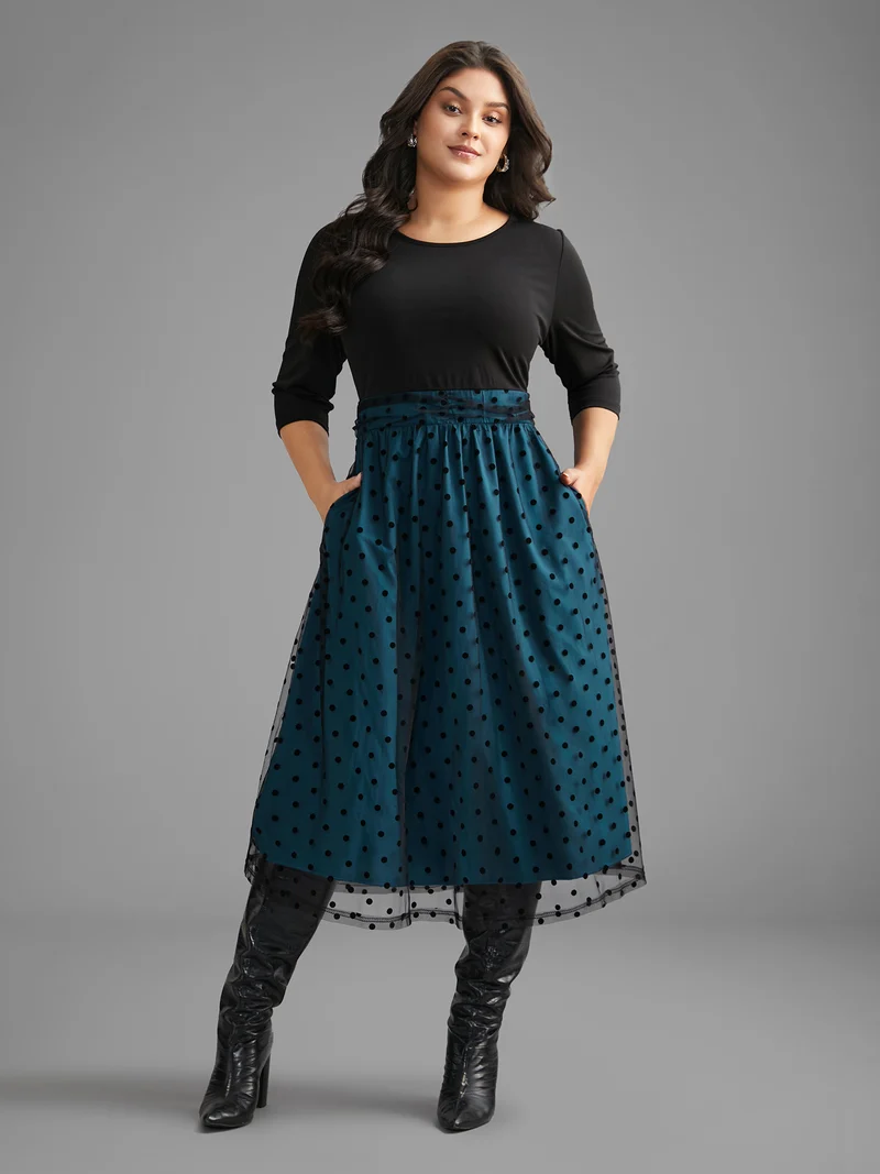 Polka Dot Flocking Mesh Patchwork Dress