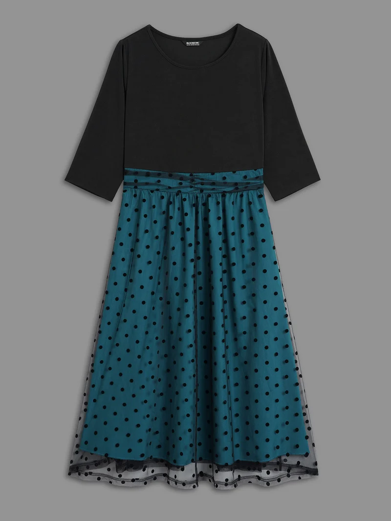Polka Dot Flocking Mesh Patchwork Dress