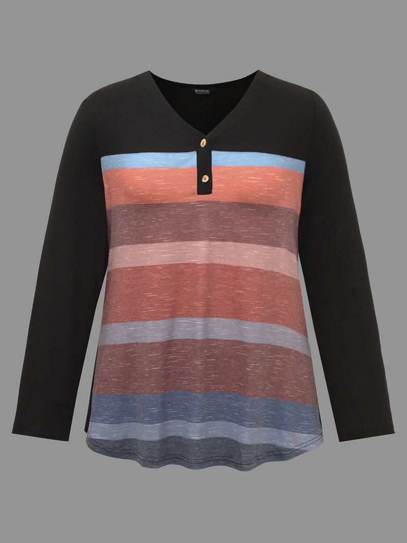 V Neck Colorblock Contrast Button Up T-shirt