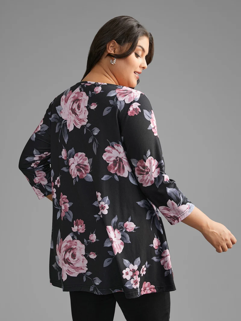 Floral Round Neck Asymmetrical Hem T-shirt