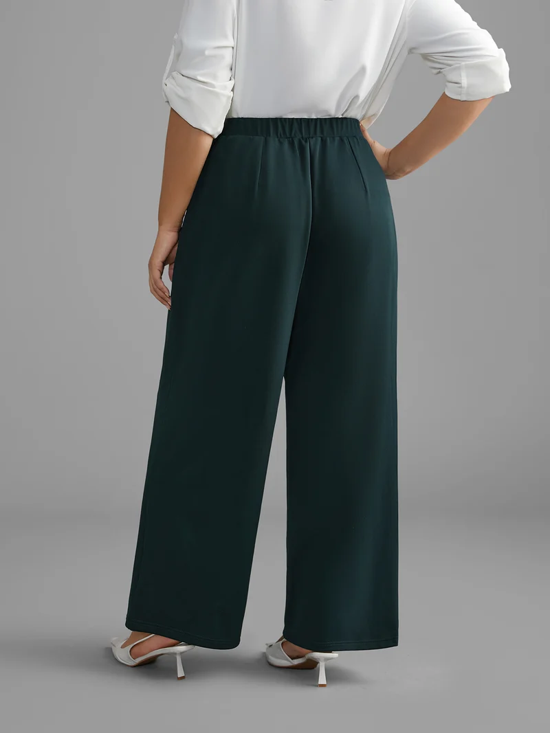 Solid Elastic Waist Wide Leg Pants