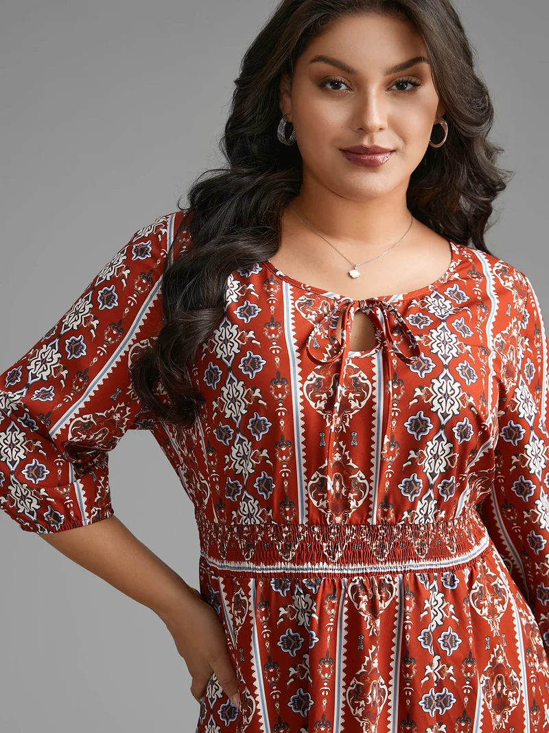 Boho Print Shirred Tie Knot Midi Dress