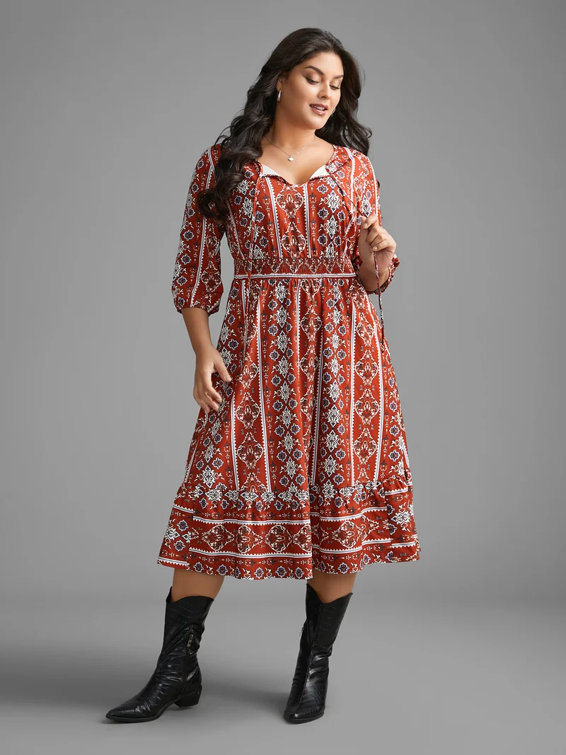 Boho Print Shirred Tie Knot Midi Dress