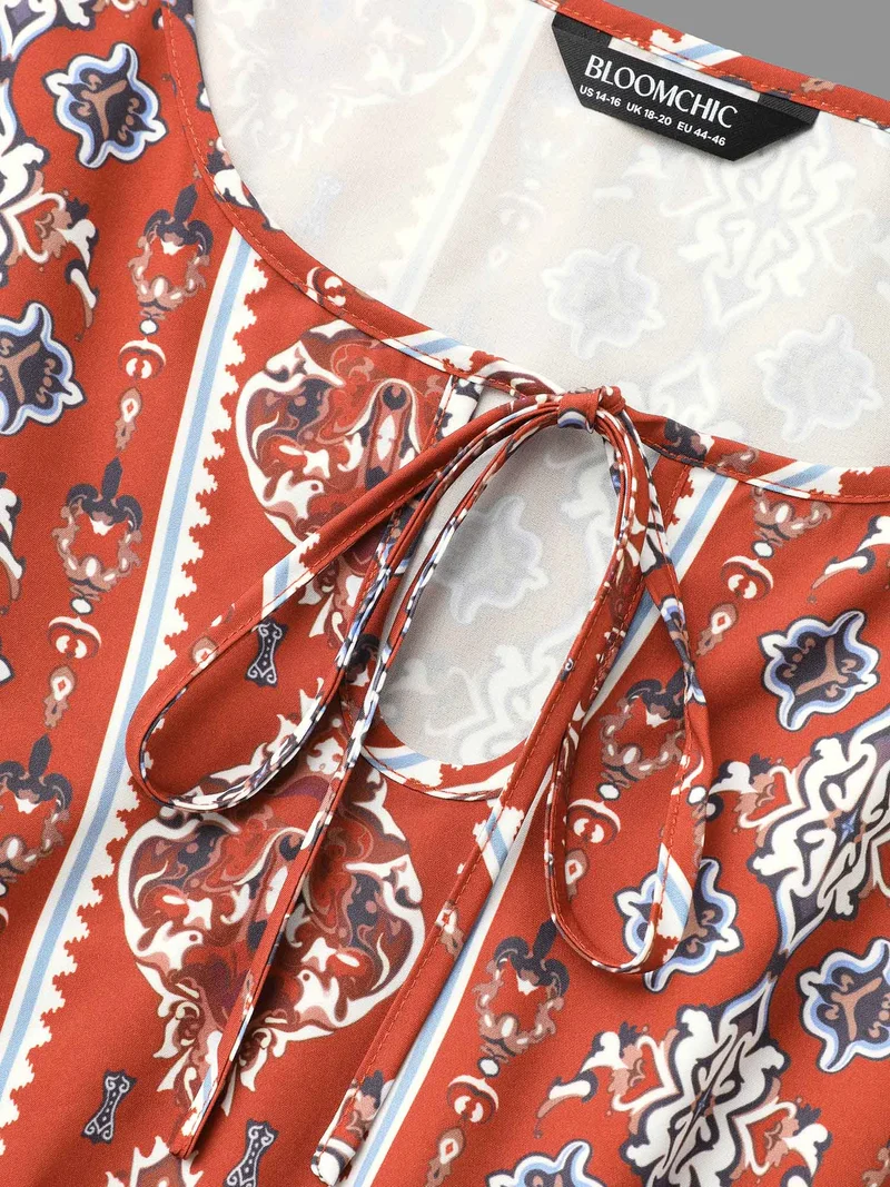 Boho Print Shirred Tie Knot Midi Dress