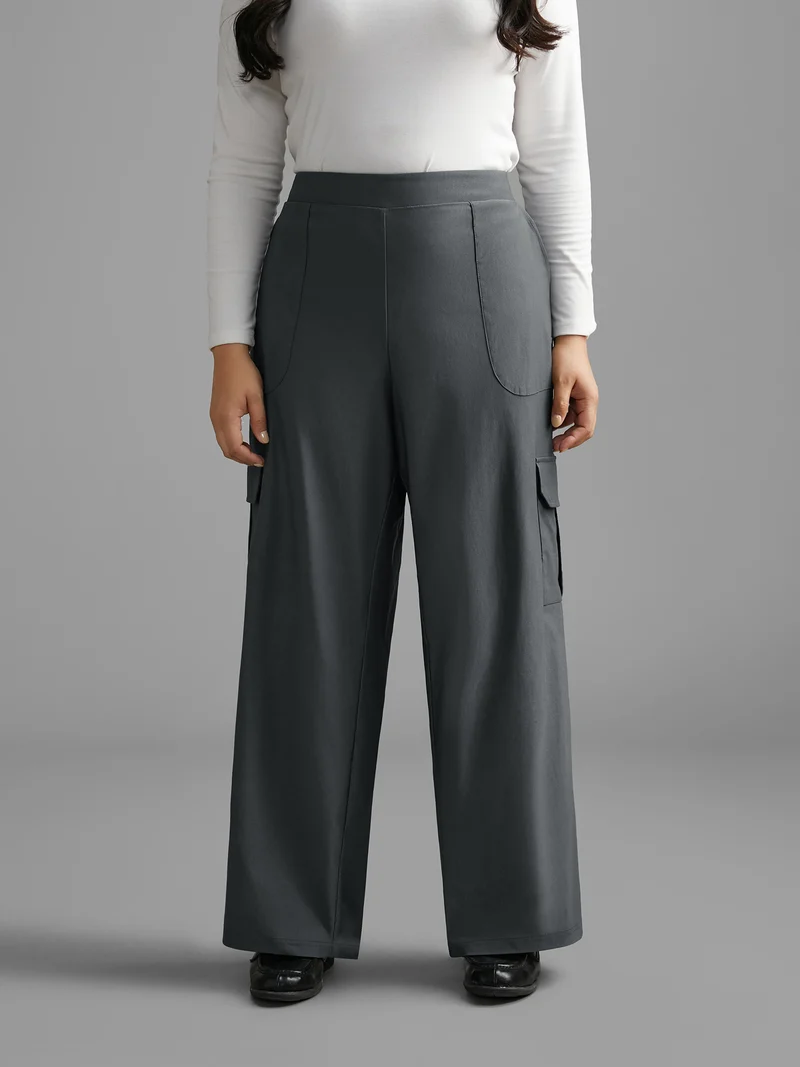 Solid Elastic Waist Patched Pocket Pants