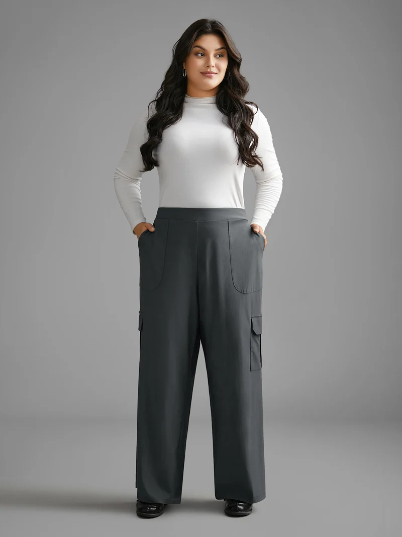 Solid Elastic Waist Patched Pocket Pants