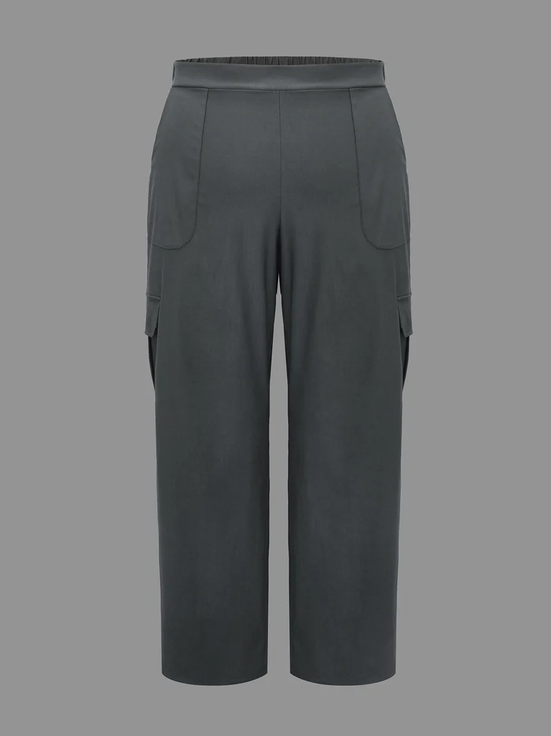 Solid Elastic Waist Patched Pocket Pants
