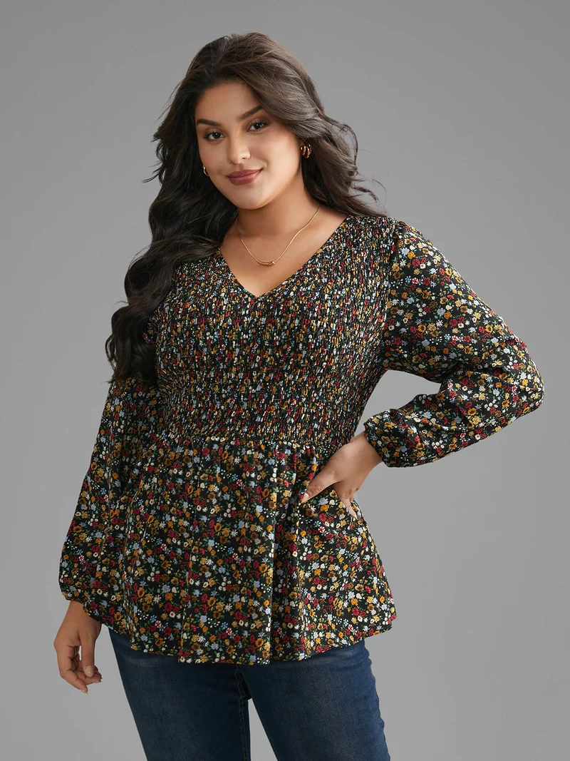 Ditsy Floral V Neck Shirred Blouse