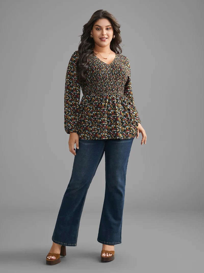 Ditsy Floral V Neck Shirred Blouse