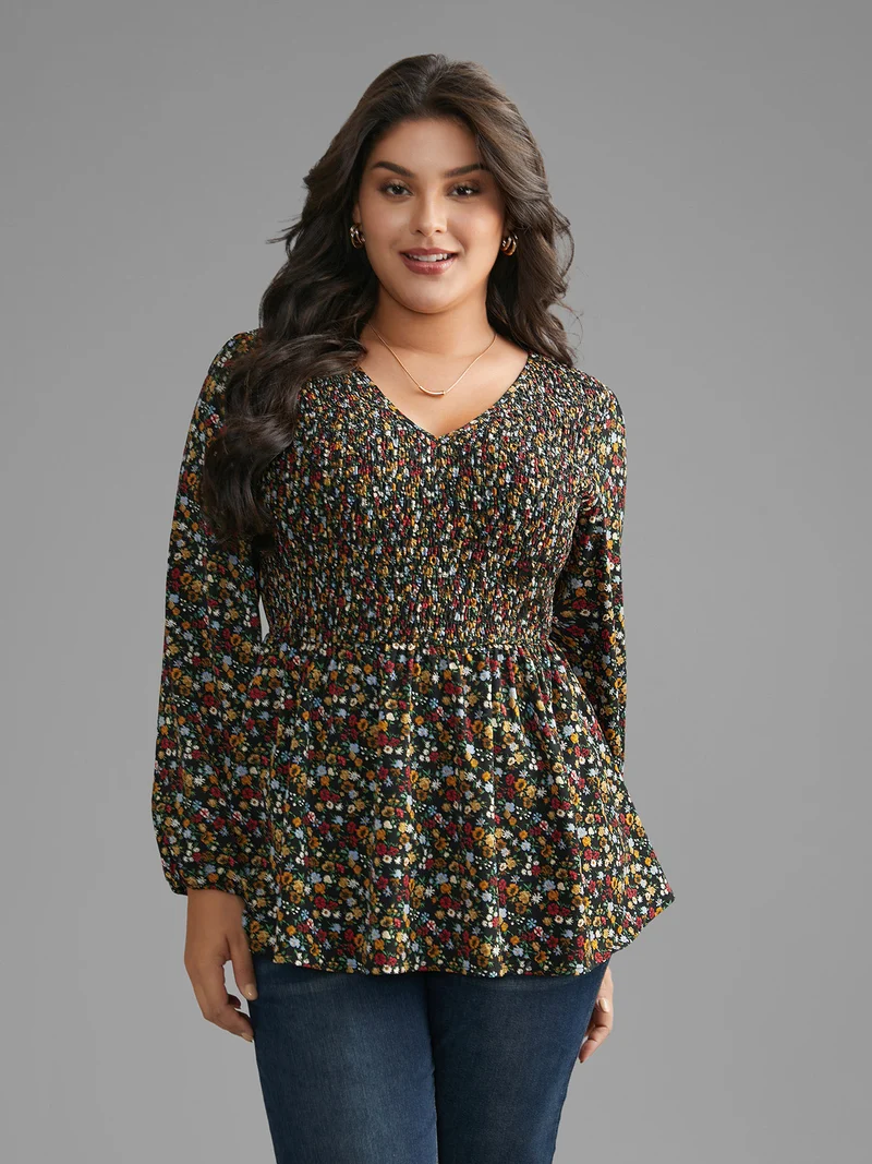Ditsy Floral V Neck Shirred Blouse