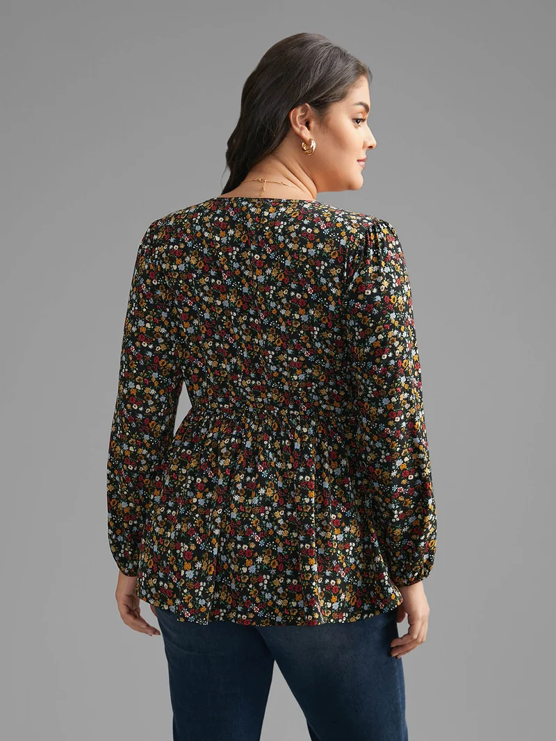 Ditsy Floral V Neck Shirred Blouse