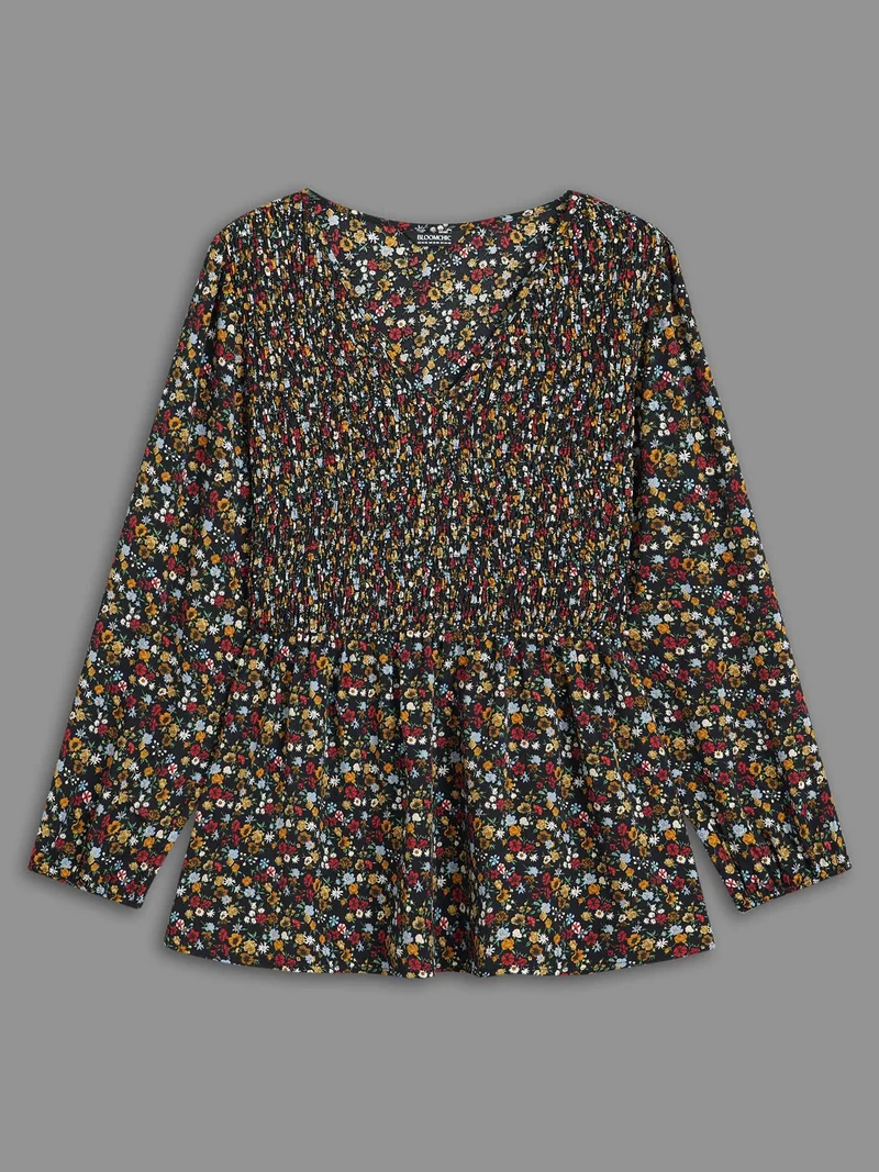 Ditsy Floral V Neck Shirred Blouse