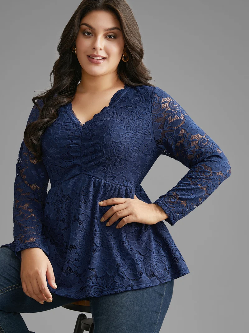 Crochet Lace Mesh Ruched Jersey Top