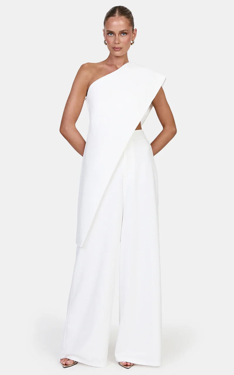 Kimi Two Piece Top and Pants Set - Asymmetric Longline Top And Wide Leg Pants in Cream