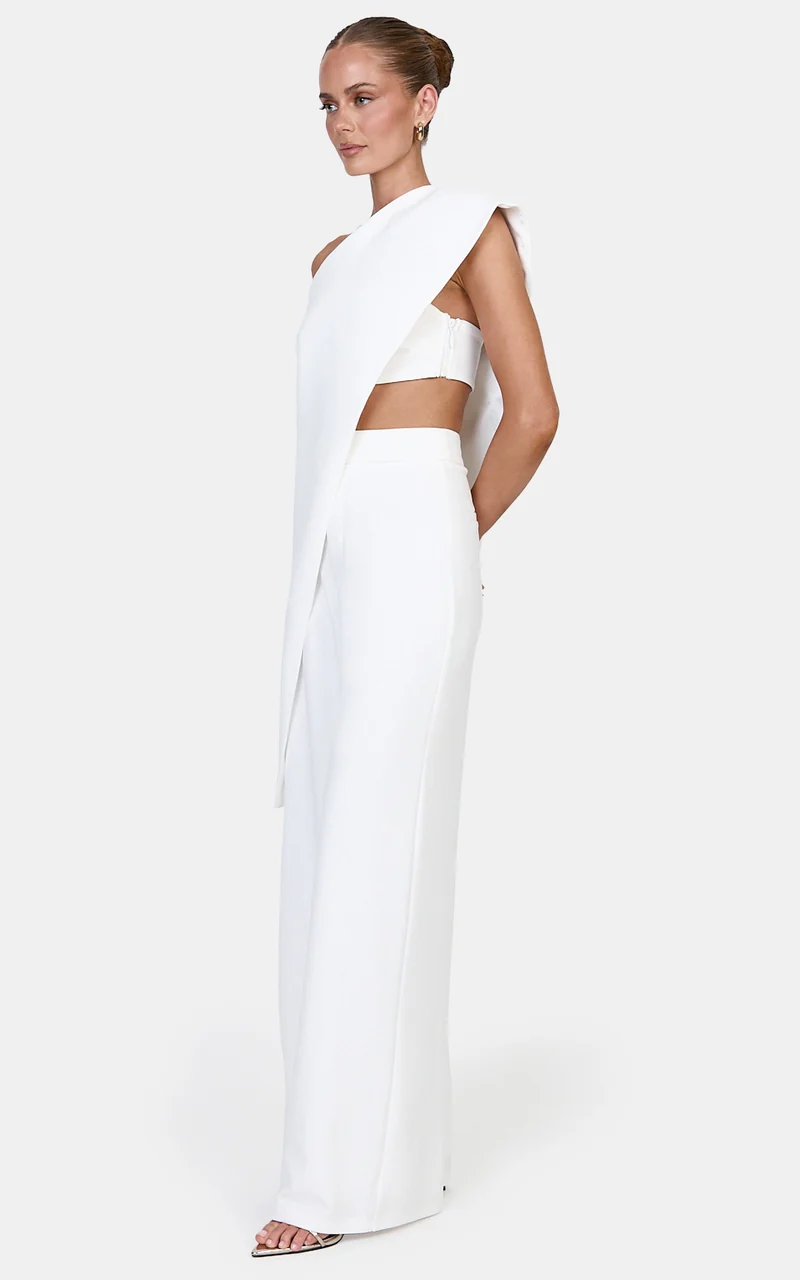 Kimi Two Piece Top and Pants Set - Asymmetric Longline Top And Wide Leg Pants in Cream