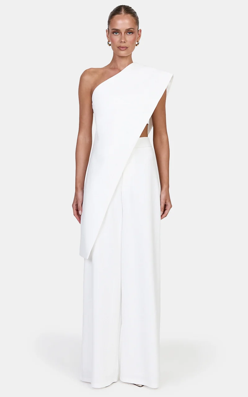 Kimi Two Piece Top and Pants Set - Asymmetric Longline Top And Wide Leg Pants in Cream