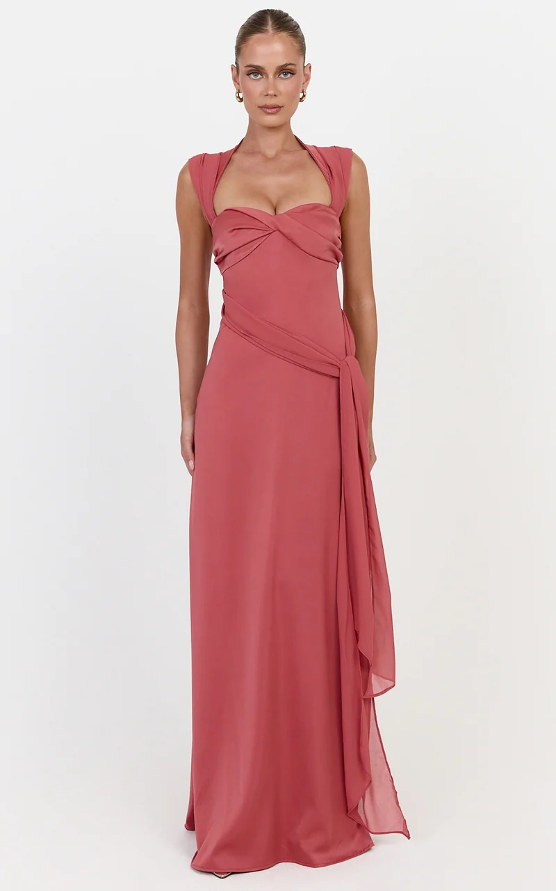 Lana Maxi Dress - High Neck Contrast Hip Drape Sash Dress With Crossover Back in Rose