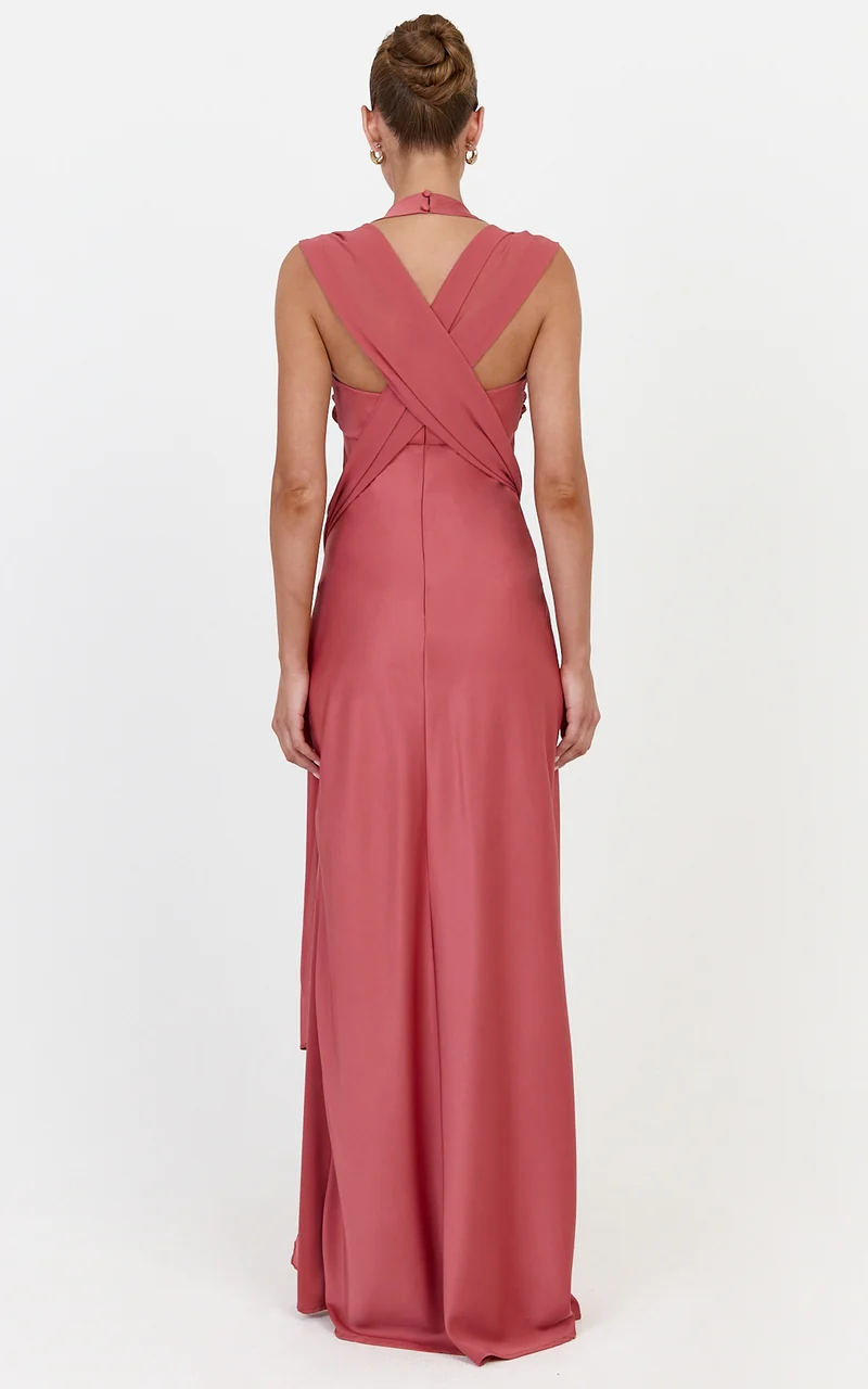 Lana Maxi Dress - High Neck Contrast Hip Drape Sash Dress With Crossover Back in Rose