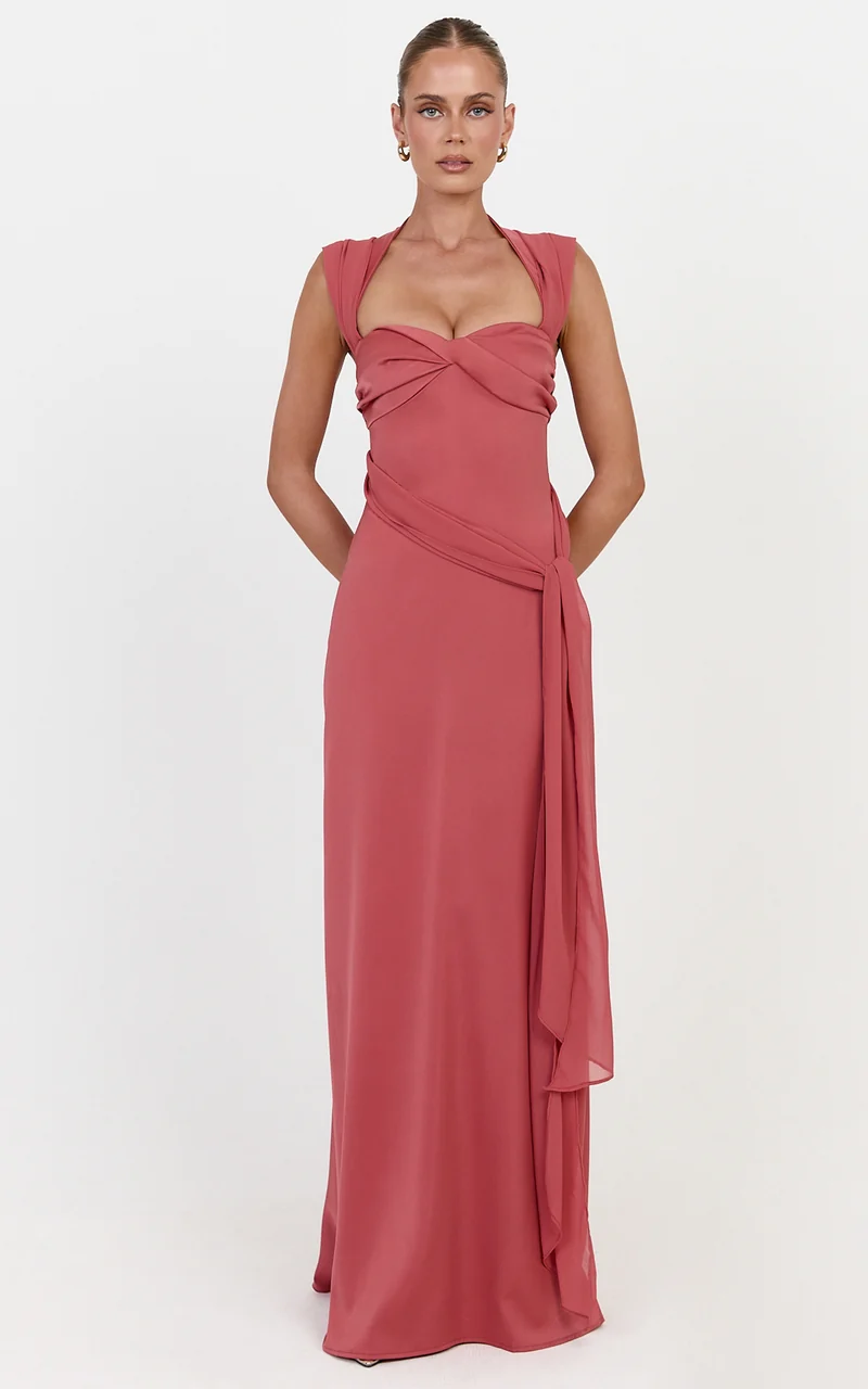 Lana Maxi Dress - High Neck Contrast Hip Drape Sash Dress With Crossover Back in Rose