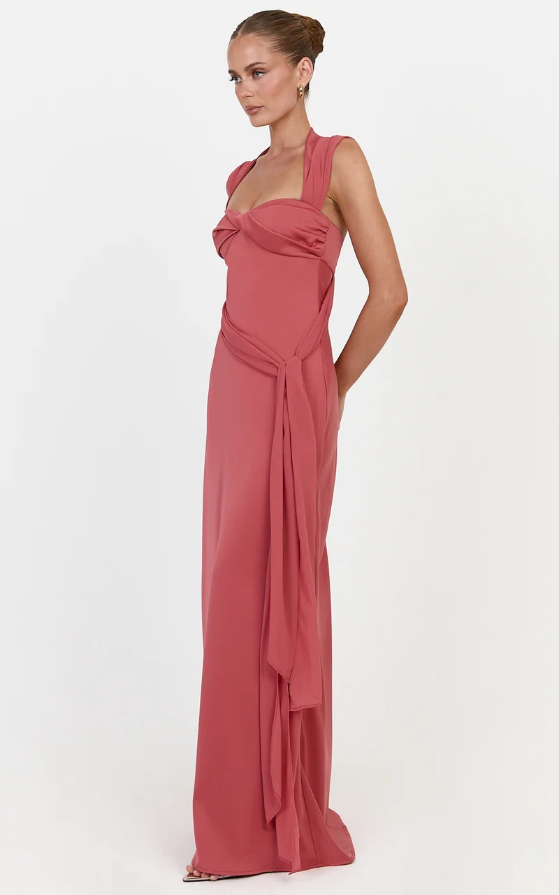 Lana Maxi Dress - High Neck Contrast Hip Drape Sash Dress With Crossover Back in Rose