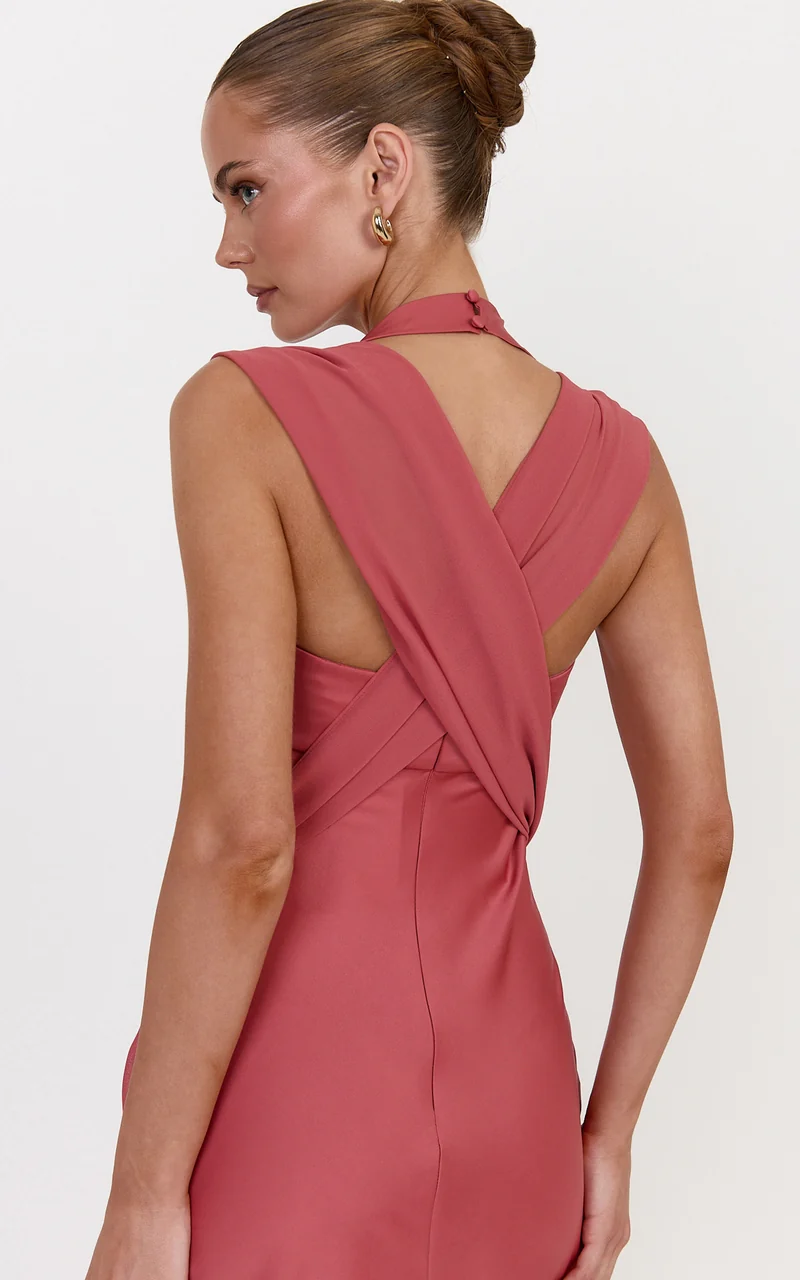 Lana Maxi Dress - High Neck Contrast Hip Drape Sash Dress With Crossover Back in Rose