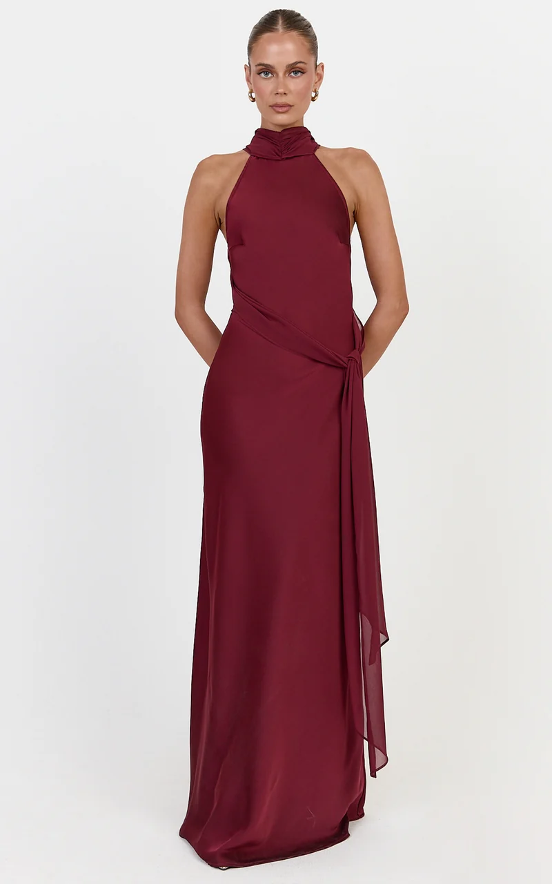 Kess Maxi Dress - Low Back High Neck Crossover Hip Sash Dress in Wine