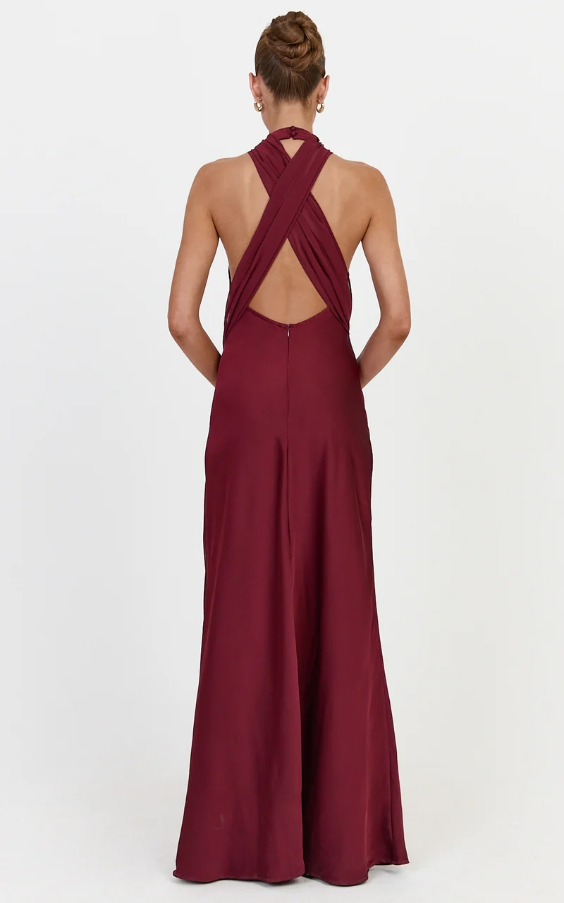 Kess Maxi Dress - Low Back High Neck Crossover Hip Sash Dress in Wine