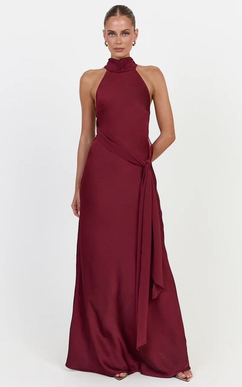 Kess Maxi Dress - Low Back High Neck Crossover Hip Sash Dress in Wine