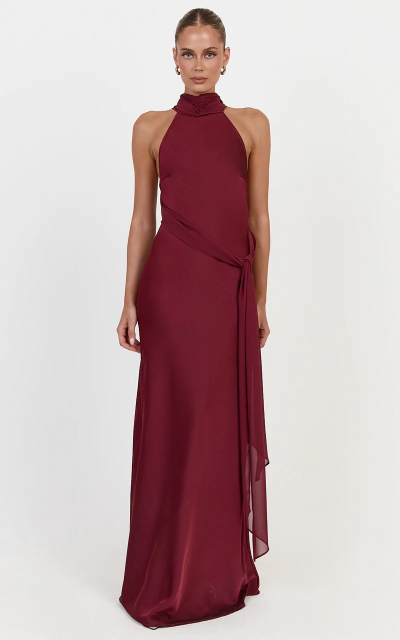 Kess Maxi Dress - Low Back High Neck Crossover Hip Sash Dress in Wine