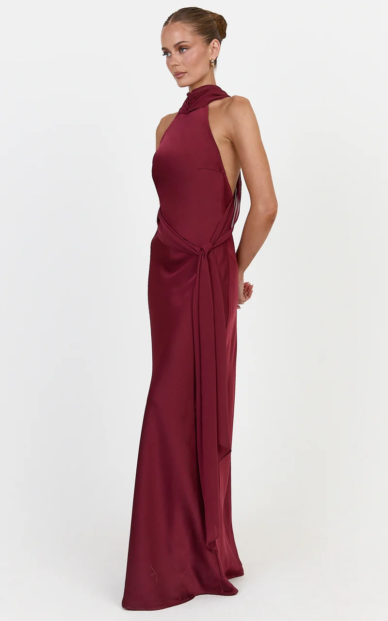 Kess Maxi Dress - Low Back High Neck Crossover Hip Sash Dress in Wine