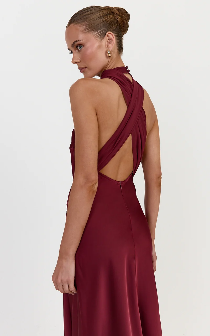 Kess Maxi Dress - Low Back High Neck Crossover Hip Sash Dress in Wine