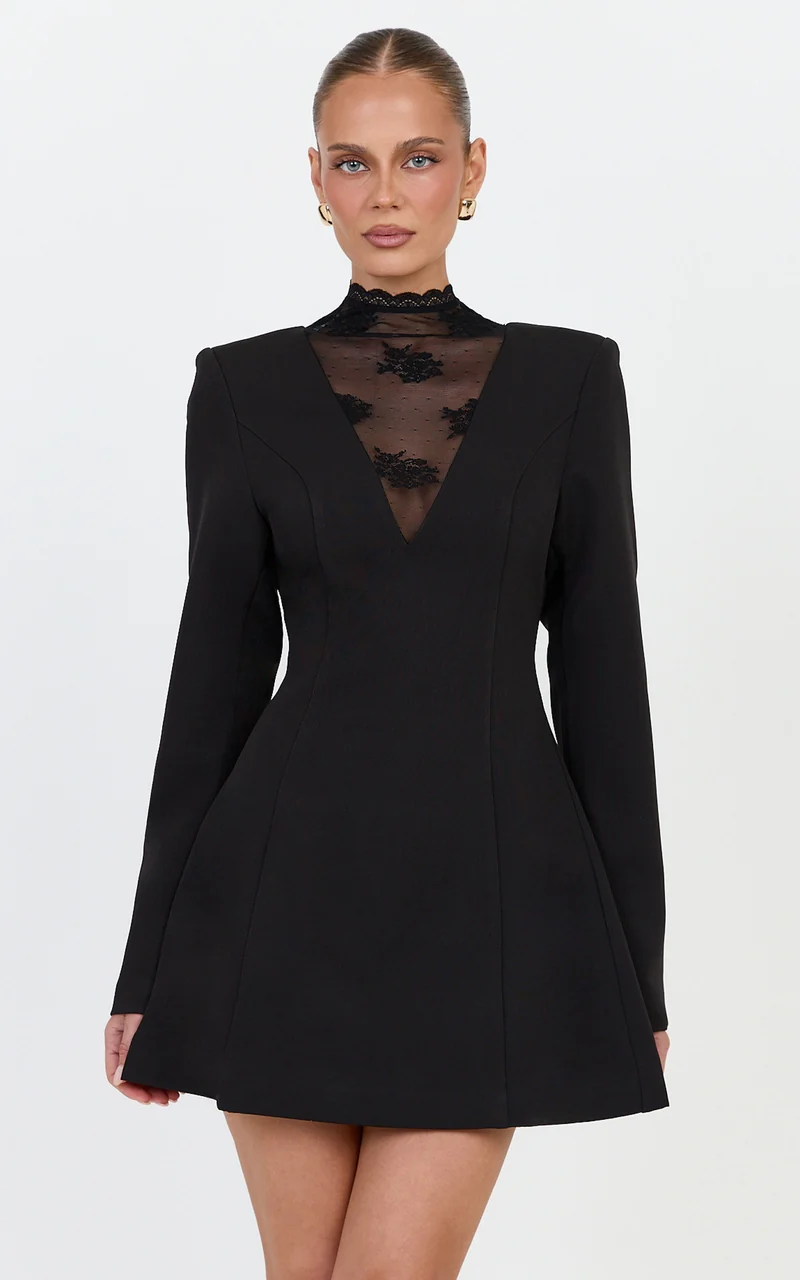 Emmeline Mini Dress - High Neck Contrast Lace Long Sleeve Dress in Black