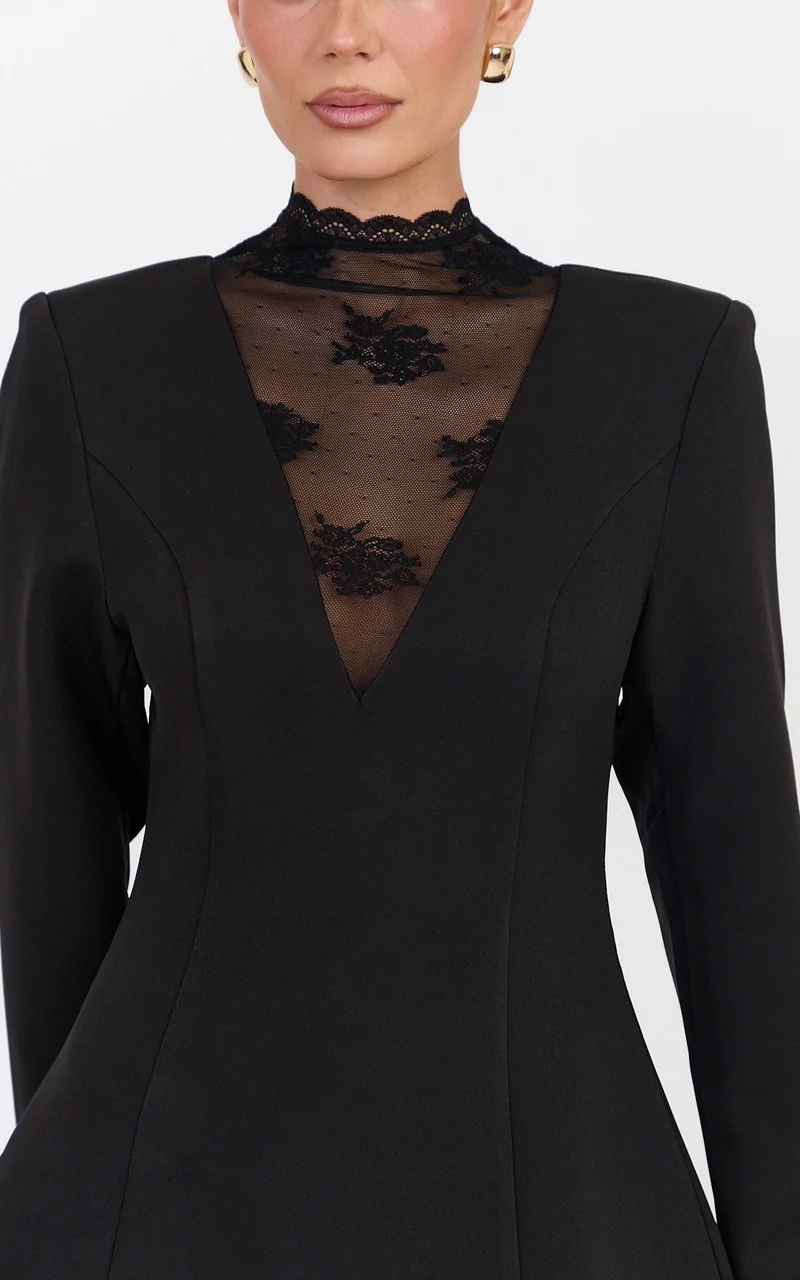 Emmeline Mini Dress - High Neck Contrast Lace Long Sleeve Dress in Black