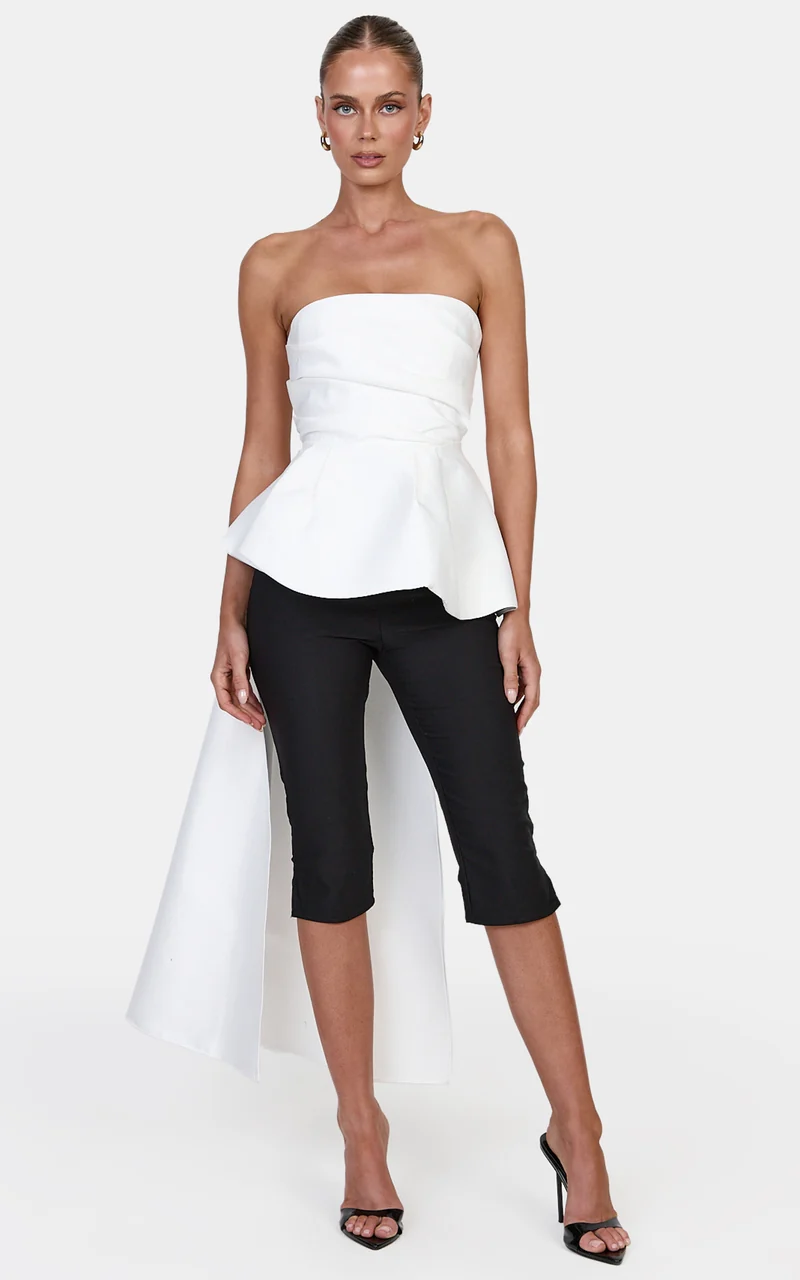 Scarlett Top - Strapless Asymmetric Peplum Top With Draped Sash in White