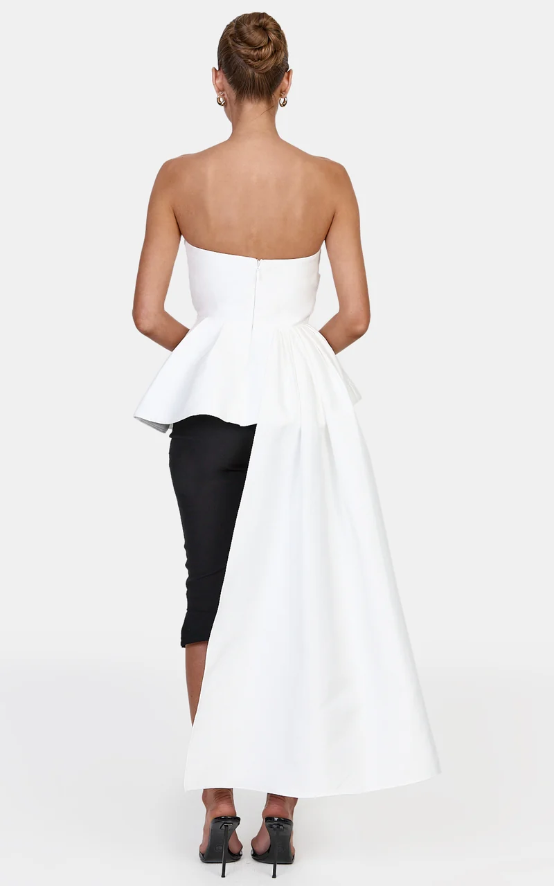 Scarlett Top - Strapless Asymmetric Peplum Top With Draped Sash in White