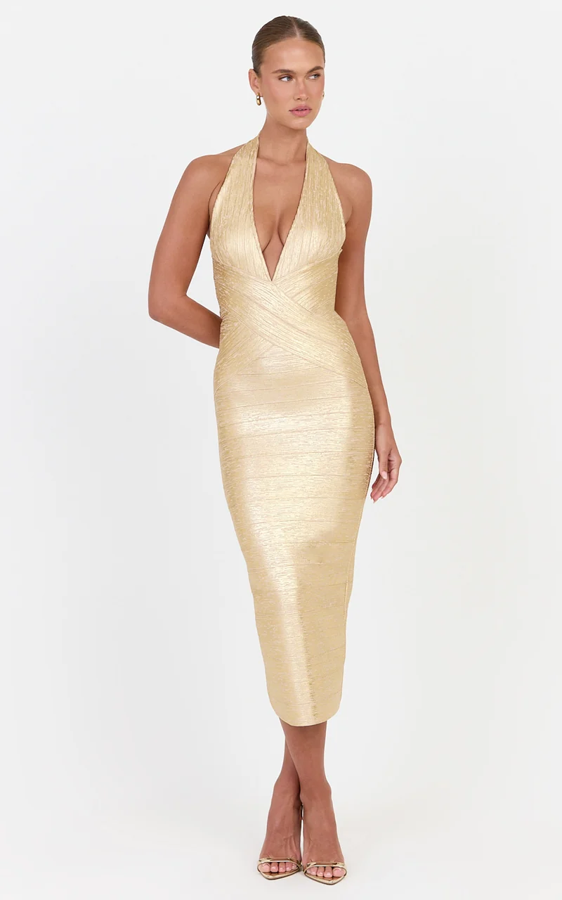 Penelope Midi Dress - Metallic Bandage Dress With Crossover Detail in Light Gold