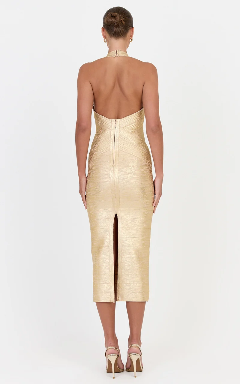 Penelope Midi Dress - Metallic Bandage Dress With Crossover Detail in Light Gold