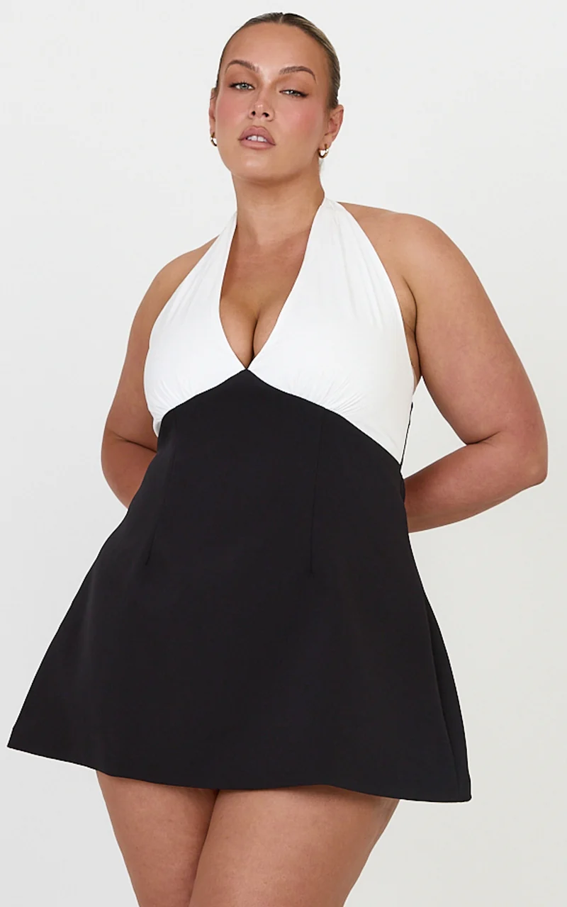Hope Playsuit - Halter Neck Tulip Skirt Playsuit in Black and White Contrast