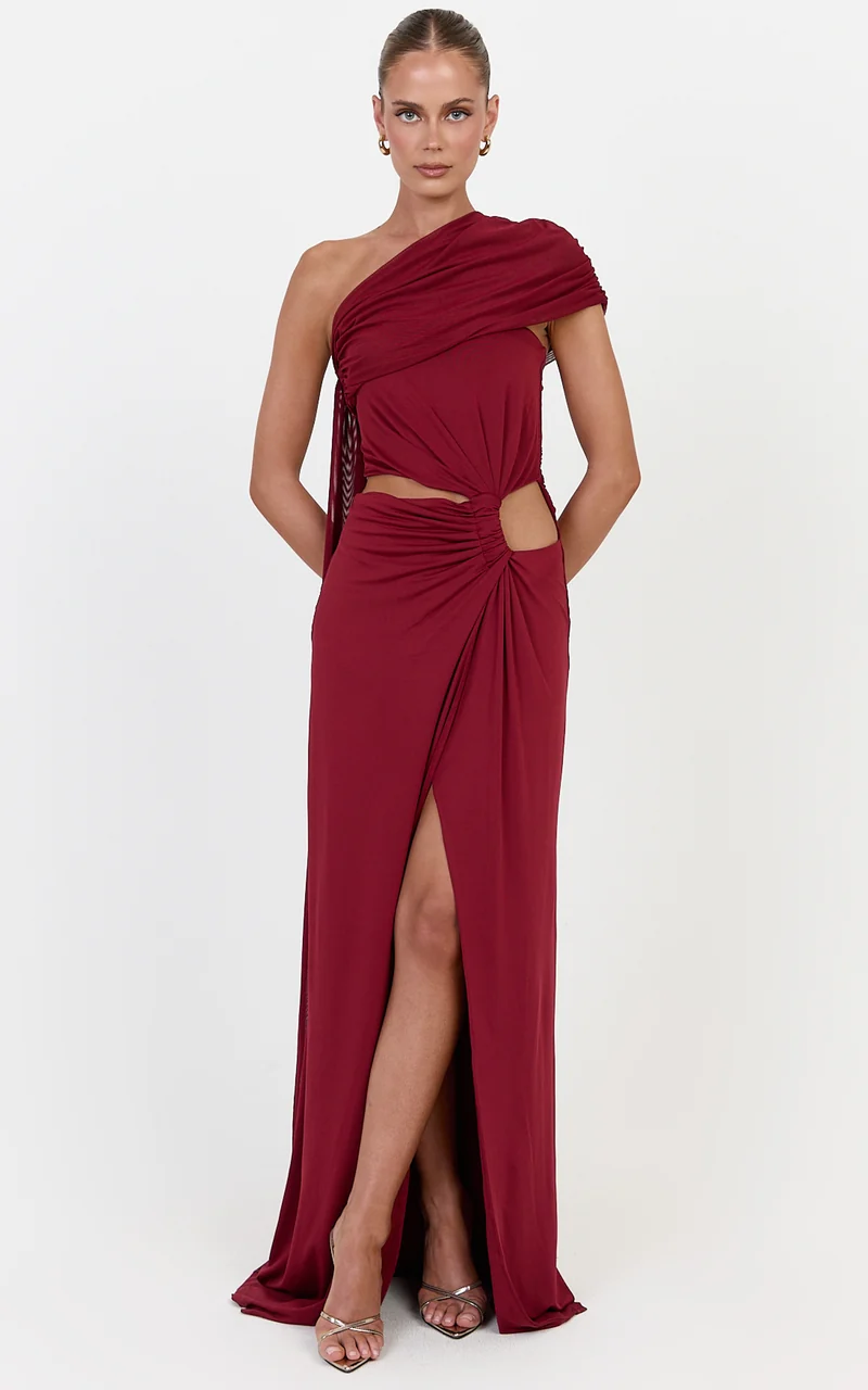 Arlette Maxi Dress - Strapless Twist Waist Dress With Cape in Wine