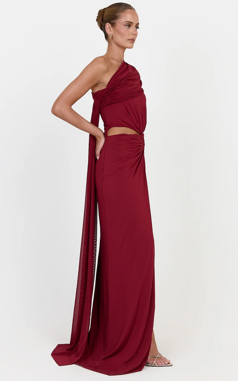 Arlette Maxi Dress - Strapless Twist Waist Dress With Cape in Wine