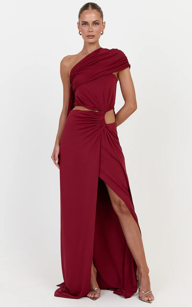 Arlette Maxi Dress - Strapless Twist Waist Dress With Cape in Wine