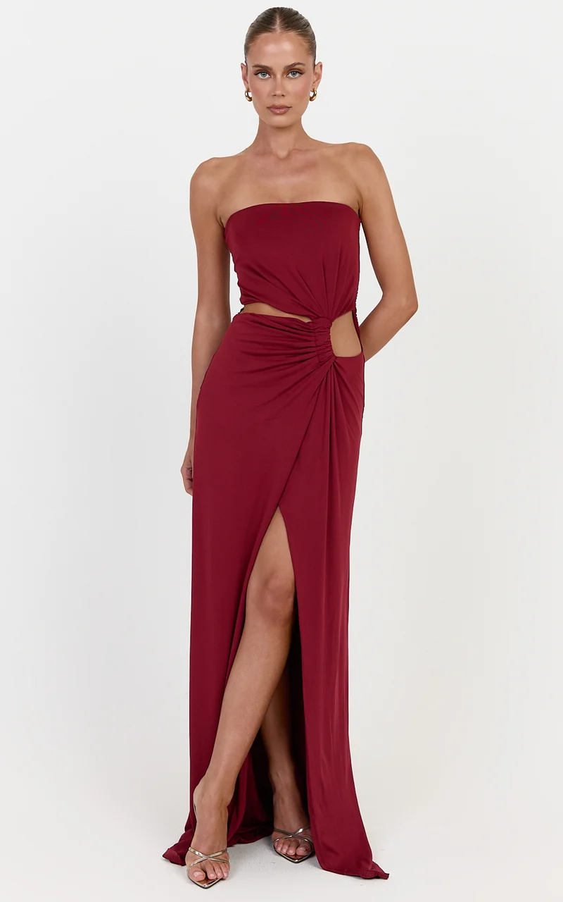 Arlette Maxi Dress - Strapless Twist Waist Dress With Cape in Wine