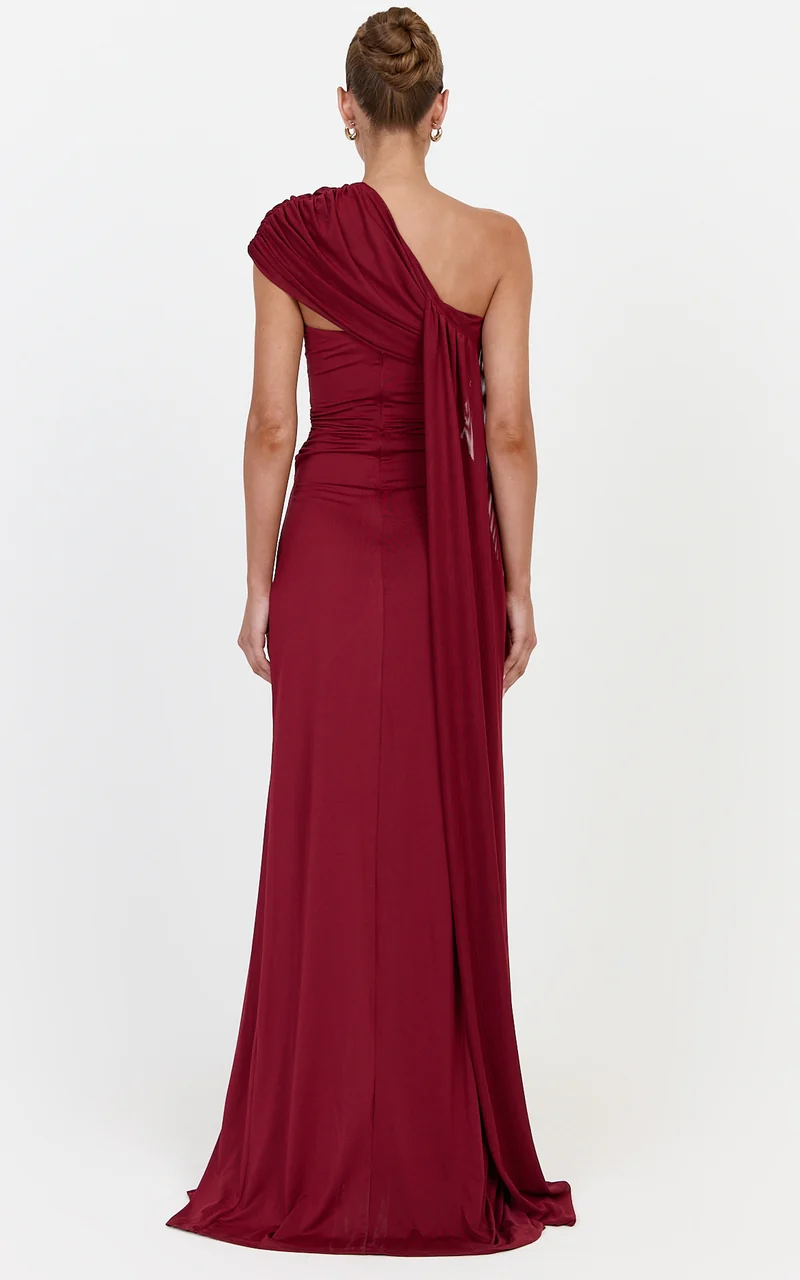 Arlette Maxi Dress - Strapless Twist Waist Dress With Cape in Wine