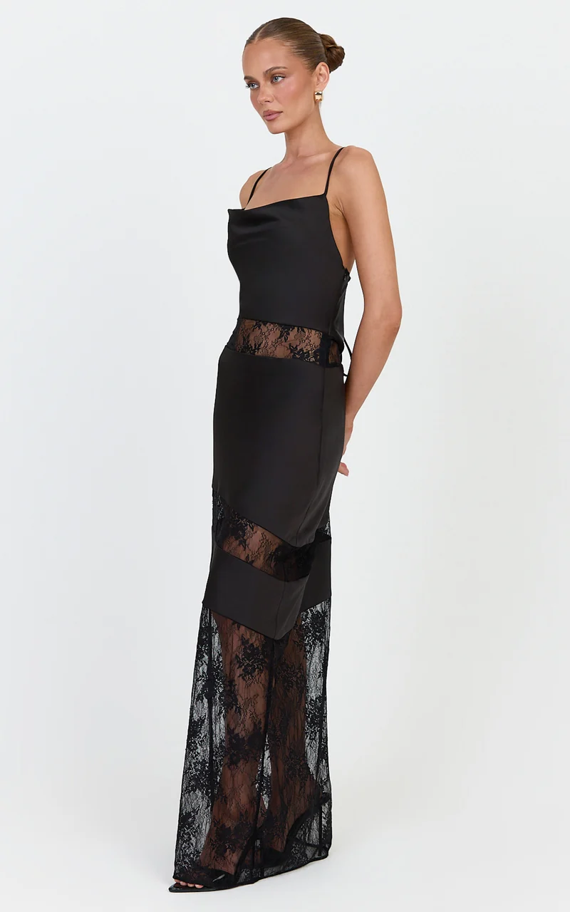 Emmeline Maxi Dress - Cowl Front Contrast Lace Tie Back Dress in Black